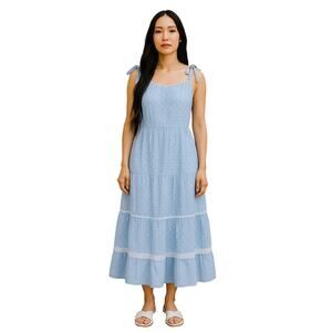 Shabby Chic Blue Polka Dot Tie Strap Midi Dress Size 10 Boho Cottagecore